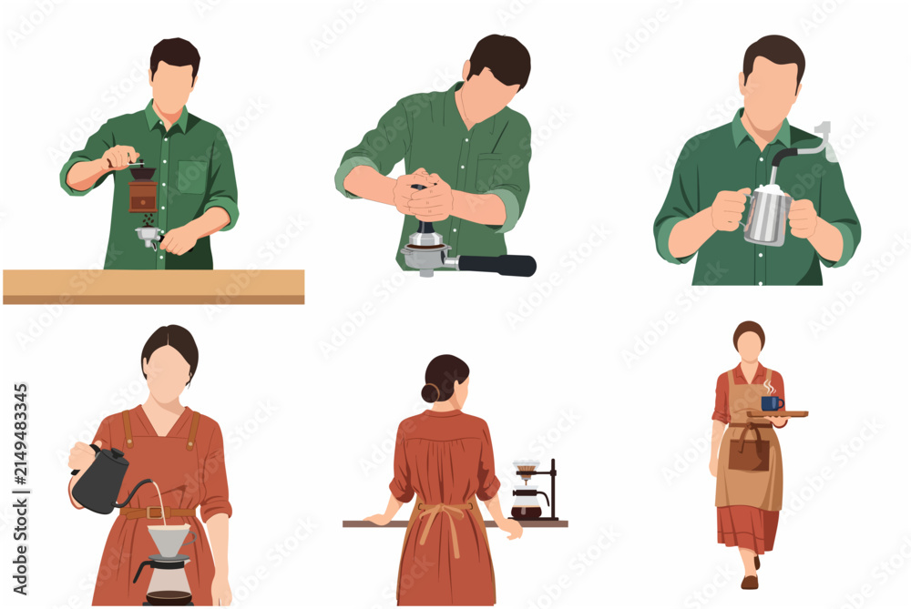 Fototapeta premium Set of professional baristas making coffee, flat illustration of male and female baristas brewing espresso, tamping, and making pour over coffee in a cafe.