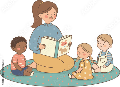 Bild auf Leinwand Teacher reading a storybook aloud to a group of kids, vector clipart