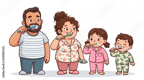Chubby Family Brushing Teeth Together on White Background Cute Cartoon Character Vector Illustration