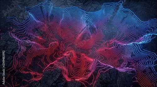 Abstract Digital Topography Map with Glowing Red and Blue Neon Lines on Dark Ground