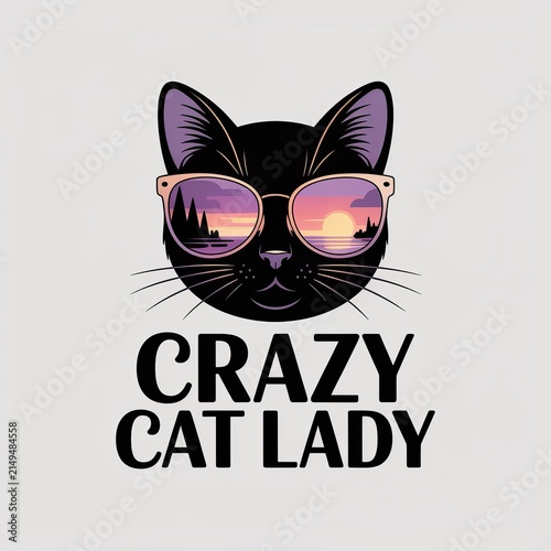 Crazy Cat Lady Sunglasses Sunset Silhouette T-Shirt Design