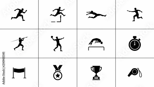 Minimalist black silhouette icons with disciplines equipment accomplishments representing various athletic displays clean four high contrast black