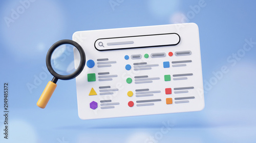 A 3D render of a white search interface card set against a soft blue background, featuring a magnifying glass with a black frame and yellow handle placed over the card, alongside placeholder text line