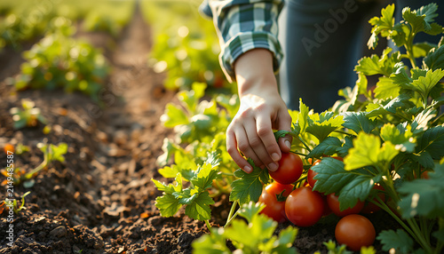 Hand picking fresh organic tomatoes in a sunny garden