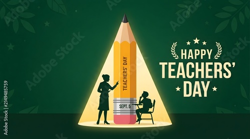 Creative illustration celebrating teacher day with a giant pencil and student in classroom
