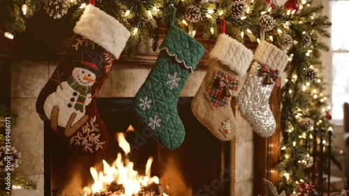 Christmas stockings hanging on fireplace mantel with glowing warm fire light cozy holiday atmosphere winter celebration footage decorative seasonal home decor.