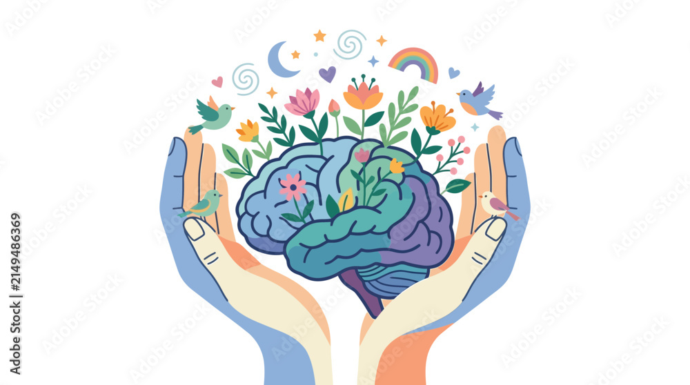 Obraz premium Hands Cupping a Floral Brain Symbolizing Mental Wellness