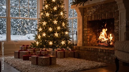 Cozy christmas atmosphere featuring decorated tree with glowing star lights inside warm room with stone fireplace and falling snow visible through window pane.