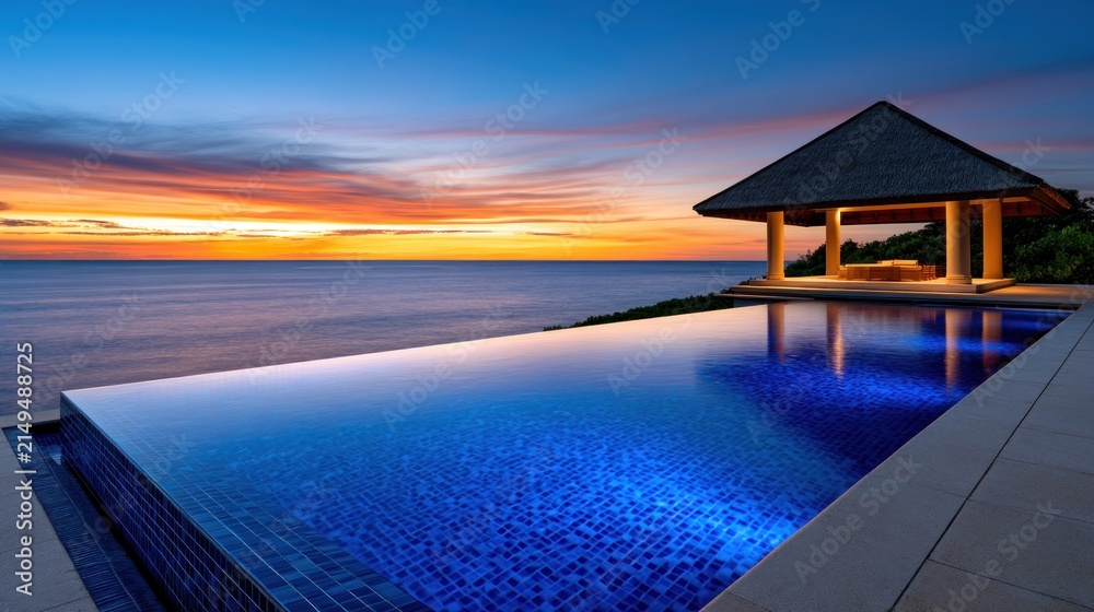 Fototapeta premium Luxury infinity pool overlooking ocean at sunset with gazebo