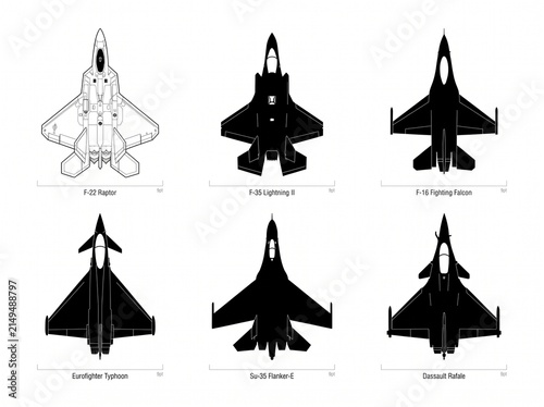 Fighter jet silhouettes of f-22 raptor f-35 lightning ii f-16 fighting falcon eurofighter typhoon su-35 flanker e and dassault raf