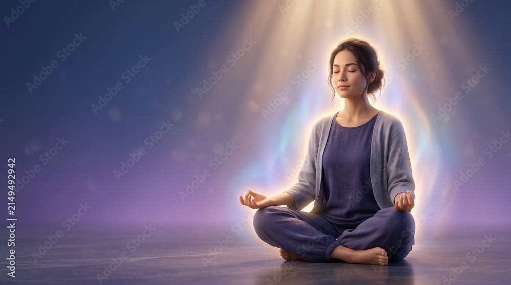 Fototapeta premium Serene woman meditating in a lotus pose with a glowing aura and peaceful light beams around her