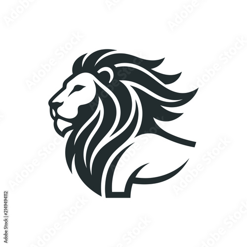 Majestic lion head profile with flowing mane graphic.