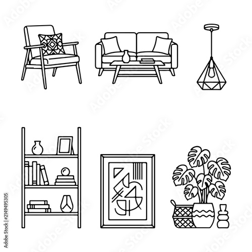 Interior living room furniture icons set, home decor sketches, vector drawings of armchair, sofa, lamp, shelf, and plant for interior design projects