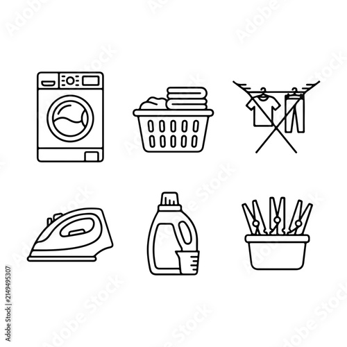 Laundry concept set. Linear washing machine, iron, laundry basket, detergent bottle, clothesline, and pegs. Outline vector icons for household, dry cleaning, and home care services