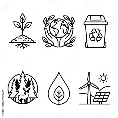 Eco-friendly environmental icons set, green energy and nature symbols, recycling, wind power, planting, ecology line art