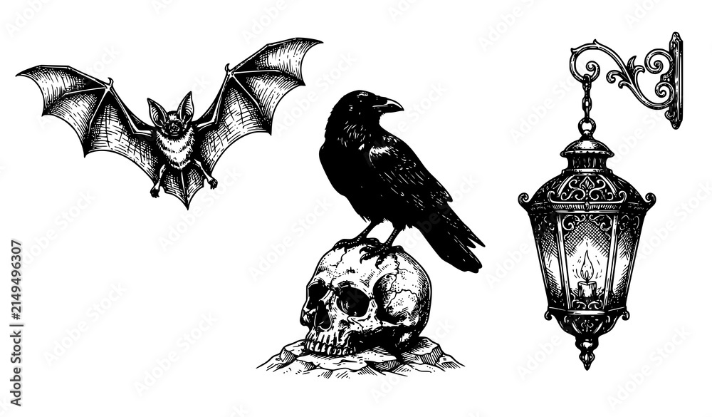 Naklejka premium Gothic Halloween Vintage Illustration Set with Flying Bat Black Raven Perched on Skull and Ornate Antique Lantern for Dark Occult Merchandise Designs