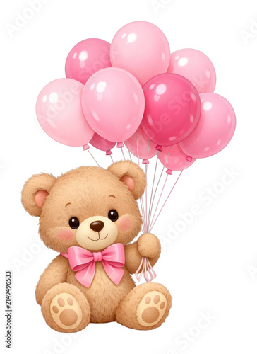 PNG Cute teddy bear with pink balloons on white background