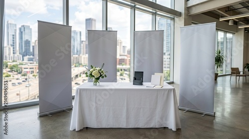 Booth banners with skyline background.