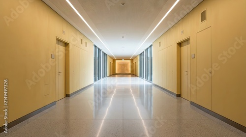 Bright yellow office hallway with wooden doors and windows.