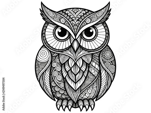 owl composed entirely of zentangle patterns including feathers, spirals, mandalas, and geometric textures, black outline coloring page