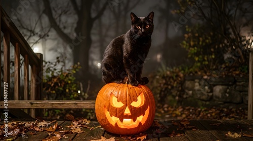 Black cat sits perched atop a glowing jack-o'-lantern on a wooden porch during a misty and atmospheric autumn evening.