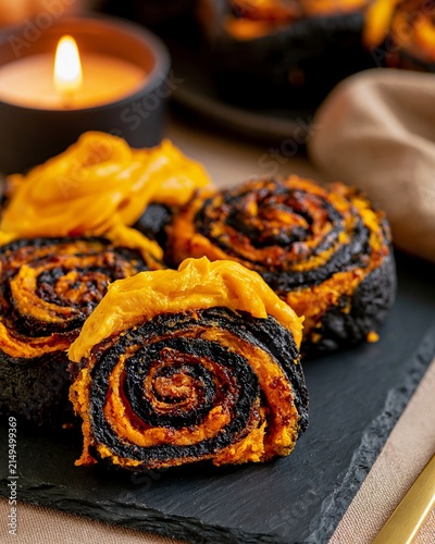 Dramatic Halloween cinnamon rolls with black and orange swirls displayed on a slate board, candlelight illuminating the scene for a festive autumn atmosphere