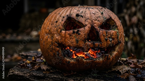 Pumpkin carved with a menacing face glows from within while resting on a dark rustic wooden surface.