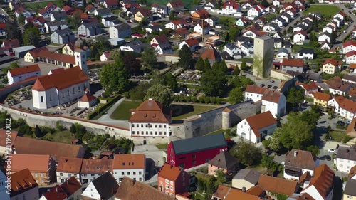 A panoramic aerial view from the old town of the city in Vohburg an der Donau in Germany, Bavaria. On a sunny day in spring.