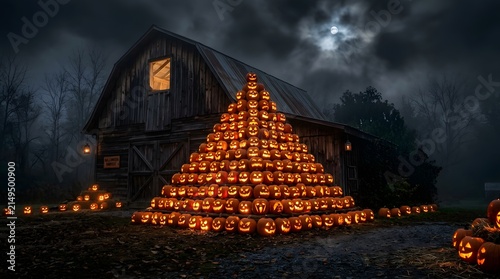 Pyramid of glowing, carved pumpkins stands impressively before a rustic wooden barn under a dramatic, moonlit night sky.