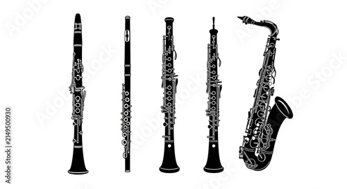 Canvas Print Black and white illustration of various musical woodwind instruments with illust