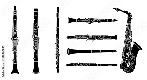 Collection of black and white woodwind musical instruments with illustrations various woodwind instruments with set black saxophone