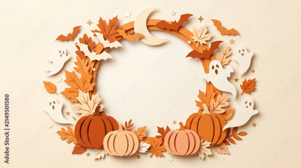 Fototapeta premium A beautiful festive wreath made of pumpkins and autumn leaves to celebrate a happy halloween season with a central copy space area