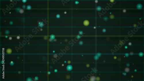 Microscopic glowing cells in dark grid background