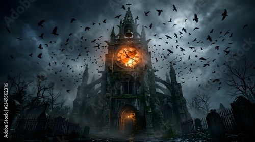 Church steeple looms over a desolate graveyard as a massive flock of black birds circles the glowing clock face against a stormy, overcast sky.