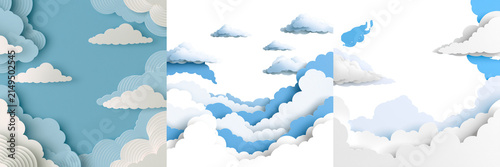 Set of Decorative paper cut cloud floating in a clear blue sky with a flock of white birds, minimalist flat vector illustration, smooth layered paper on transparent png background. Ai generated