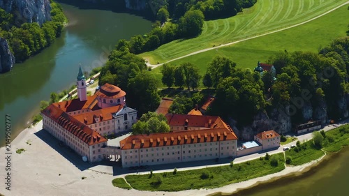 A panoramic aerial view from the old town of the city in Weltenburg an der Donau in Germany, Bavaria. On a sunny day in spring.