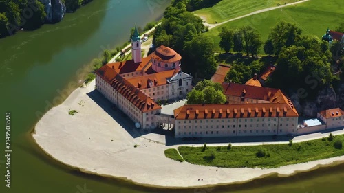 A panoramic aerial view from the old town of the city in Weltenburg an der Donau in Germany, Bavaria. On a sunny day in spring.