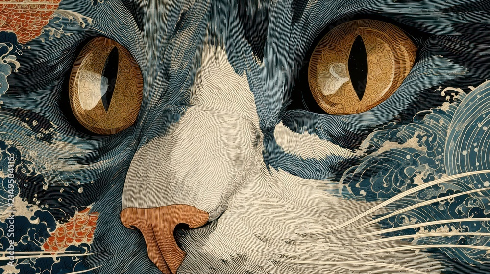 Naklejka premium Artistic cat illustration with intricate details.