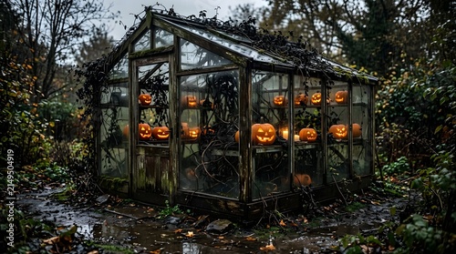 Greenhouse structures illuminate the dark autumn garden with the warm, flickering glow of carved jack-o'-lanterns arranged on wooden shelves.