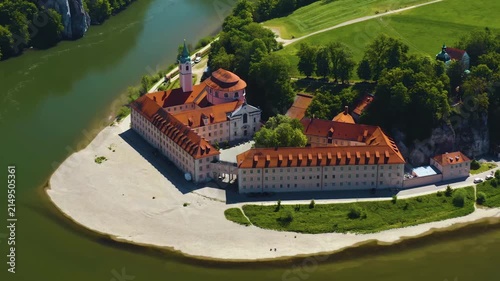 A panoramic aerial view from the old town of the city in Weltenburg an der Donau in Germany, Bavaria. On a sunny day in spring.