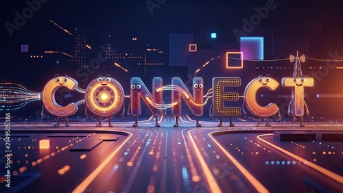 Digital Connection: The word CONNECT comes to life with animated letters on a futuristic, circuit-board-inspired background, symbolizing the power of technology and digital networking.