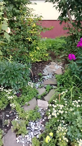 Tranquil garden pathway surrounded by colorful flowers and greenery  