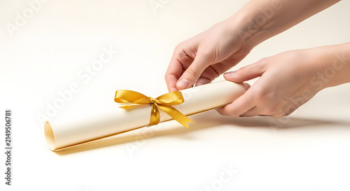 Certificate of Achievement Being Rolled and Tied with a Golden Ribbon by Hands on a White Background