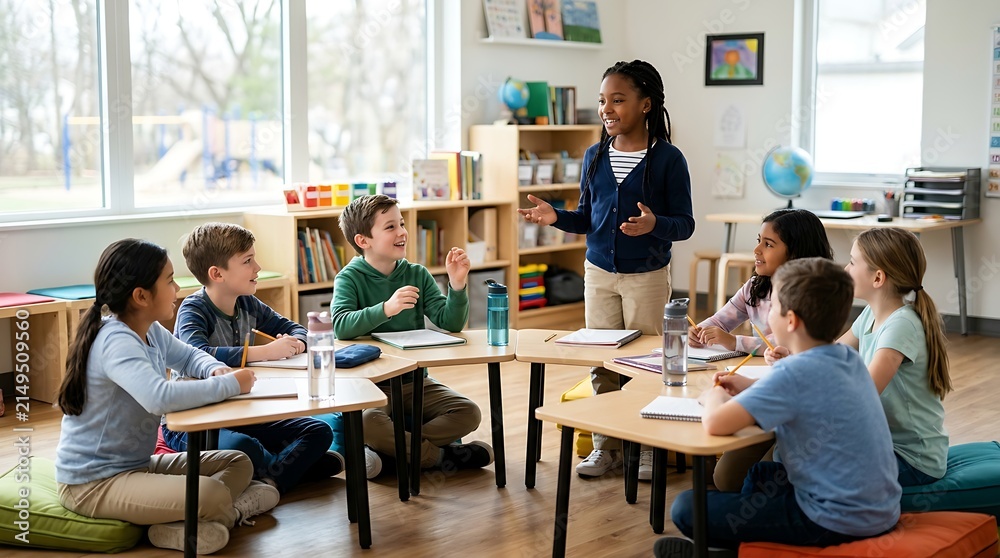 Fototapeta premium Diverse group of young students engaging in a lively discussion with their teacher in a bright, modern classroom setting