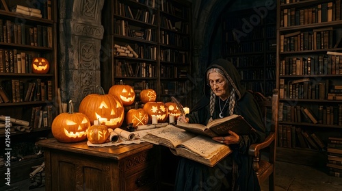 Witch sits at a wooden desk inside a dimly lit library filled with ancient leather books and glowing carved pumpkins.