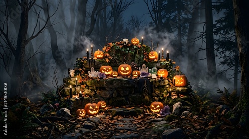 Jack-o-lanterns glow intensely on a rocky forest altar surrounded by fog and mysterious dark trees.