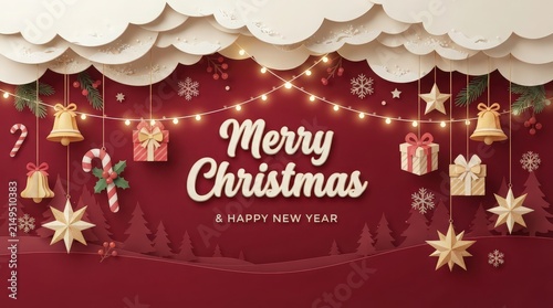 Merry Christmas and Happy New Year Festive Background with Hanging Ornaments and Lights