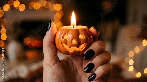 Hand with dark polished nails holds a glowing orange pumpkin candle against a soft blurred background.