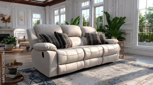 Cozy living room showcases a plush white sofa adorned with soft pillows, accompanied by a fresh bouquet in a glass vase