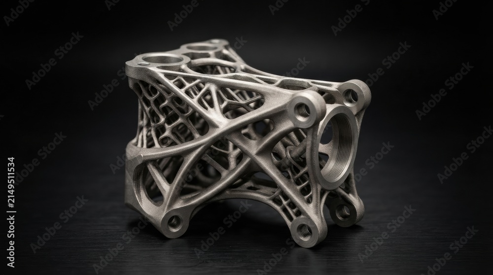 Fototapeta premium Metal part with intricate design made through 3D printing technology placed on a dark surface in a studio setting